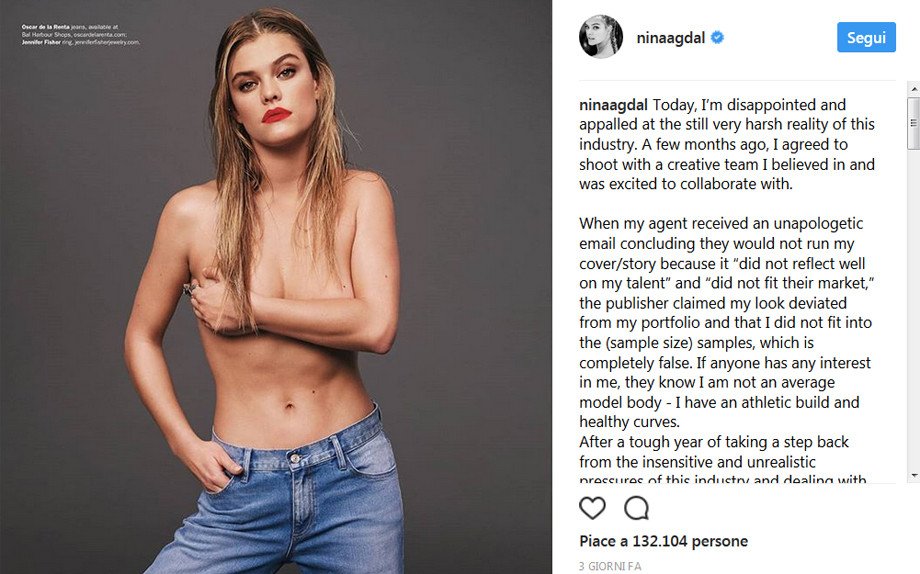 Nina Agdal rifiutata perché troppo grassa: lo sfogo social della modella