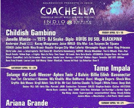 Coachella 2019 con Ariana Grande, Childish Gambino e Tame Impala
